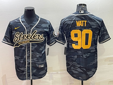 Men's Pittsburgh Steelers #90 T. J. Watt Gray/Navy Camo With Patch Cool Base Stitched Baseball Jersey